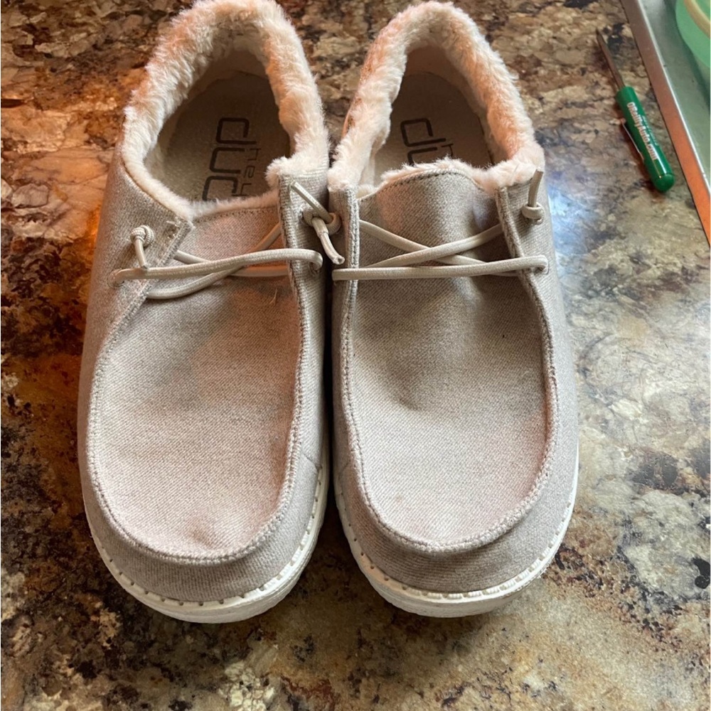 Hey Dude Light Tan Fuzzy Lined Loafers